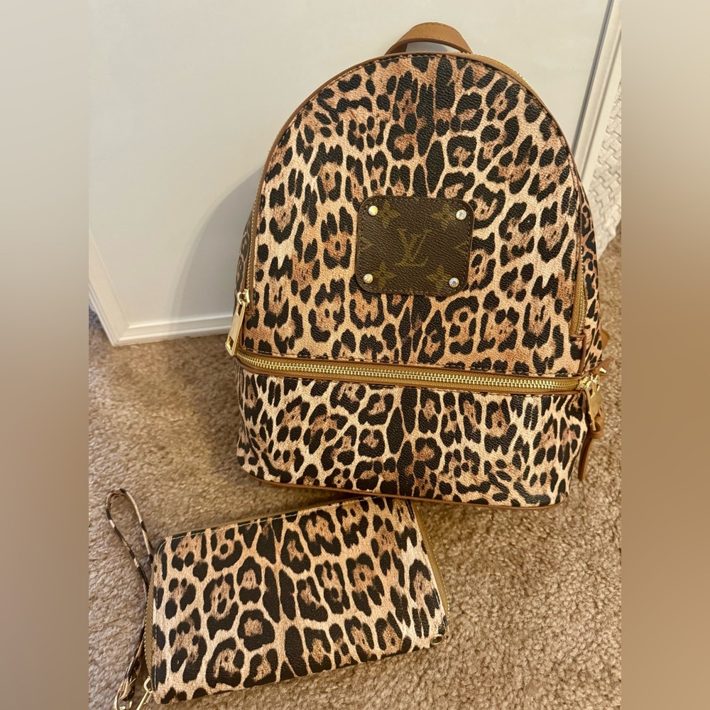 Upcycled Leopard Backpack with Wallet